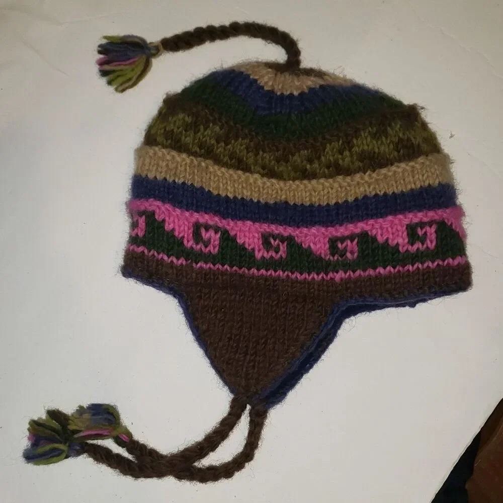 Multicolor Wool Winter Trapper Hat with Braided Tassles Unisex Made In Nepal